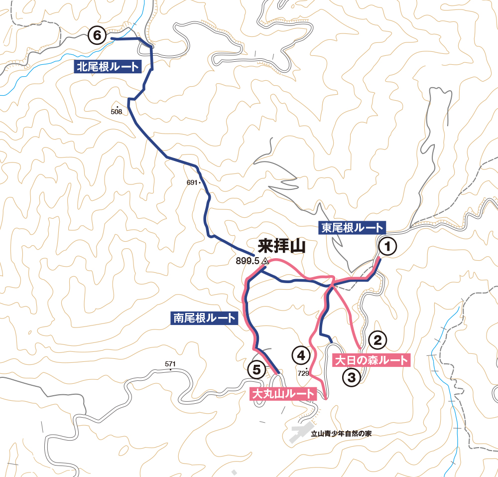 モデルコースマップ来拝山らいはいやま[　標高：899.5 m　]モデルコース